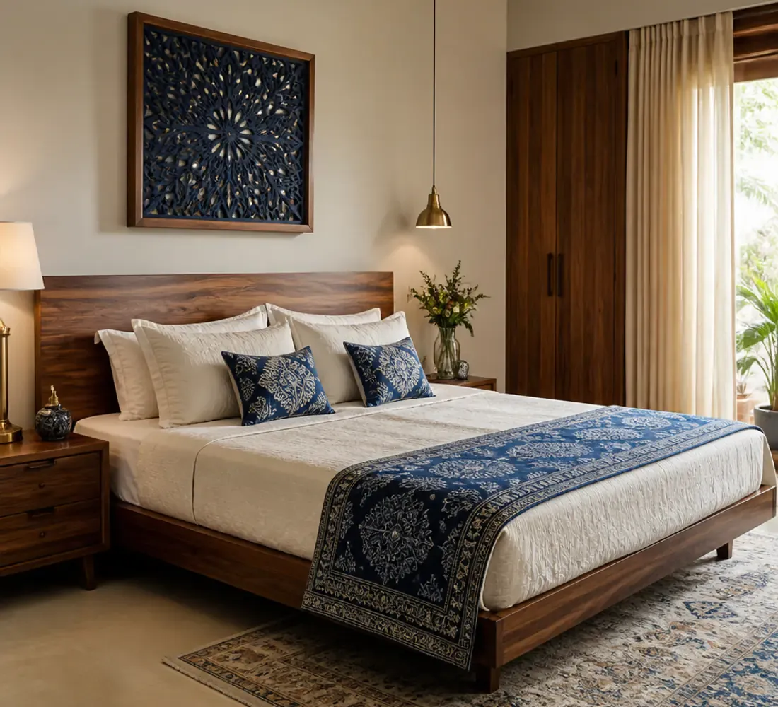 Wooden bed in an Indian bedroom