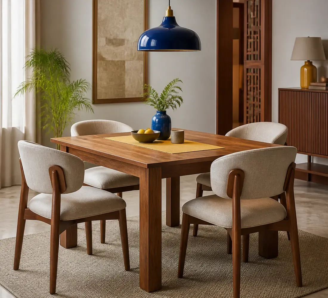 Wooden dining table and chairs in an Indian dining area