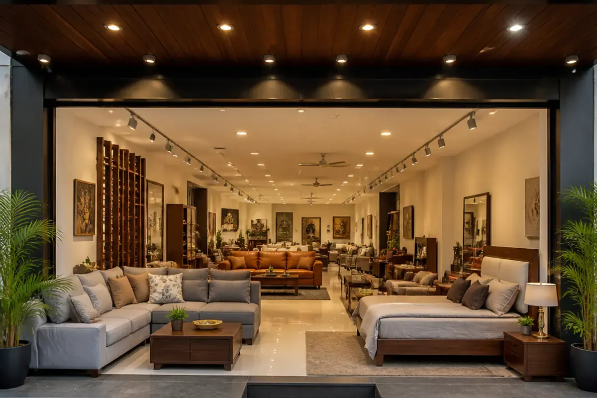 Sofas and beds on display in a furniture showroom
